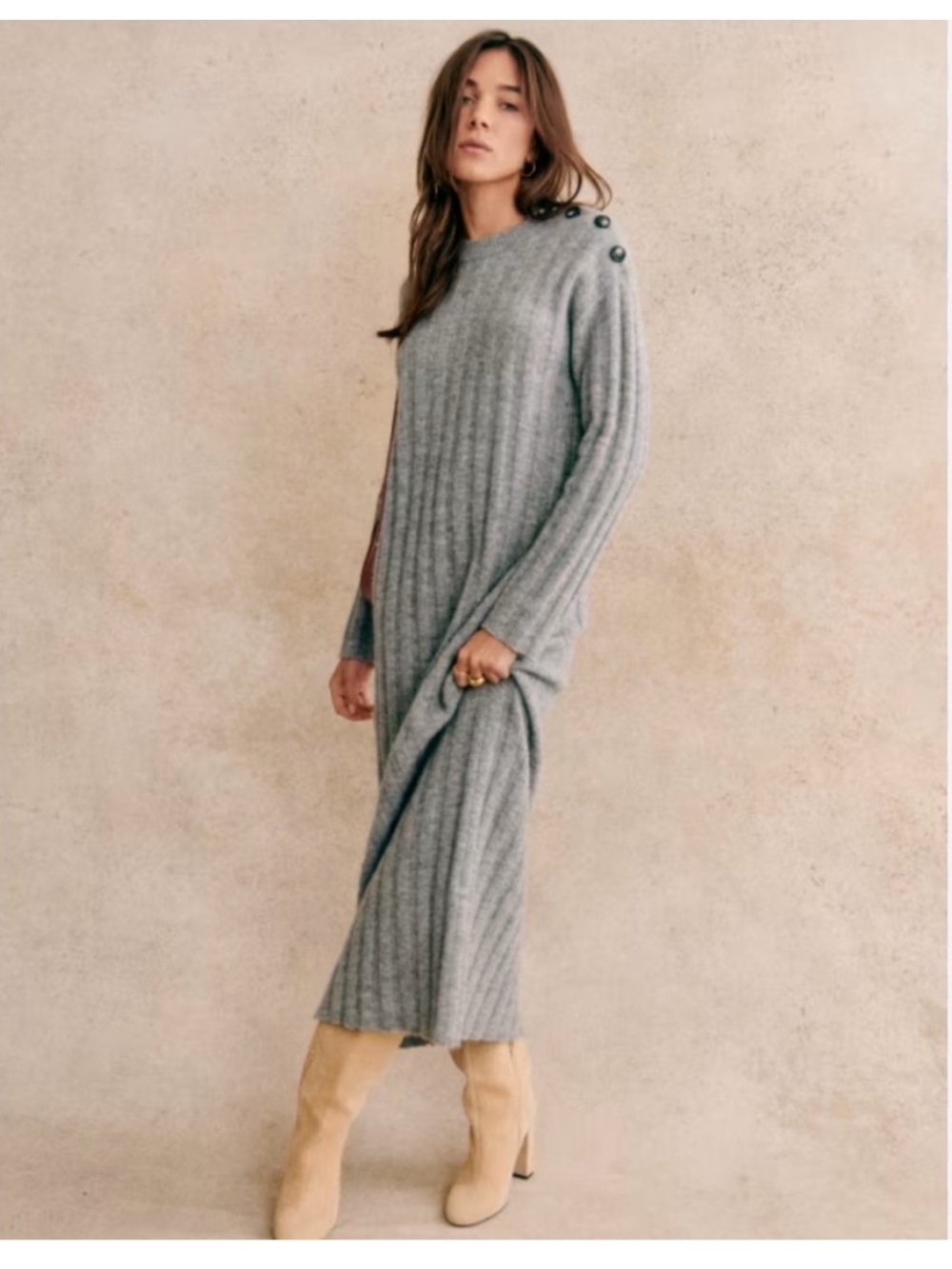 Sezane Manon Dress Ribbed Knit Dress in Light Gray
